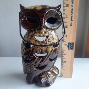 Owl Tea Light Lantern Ceramic 8" MADE IN JAPAN Brown 70s Retro Vintage